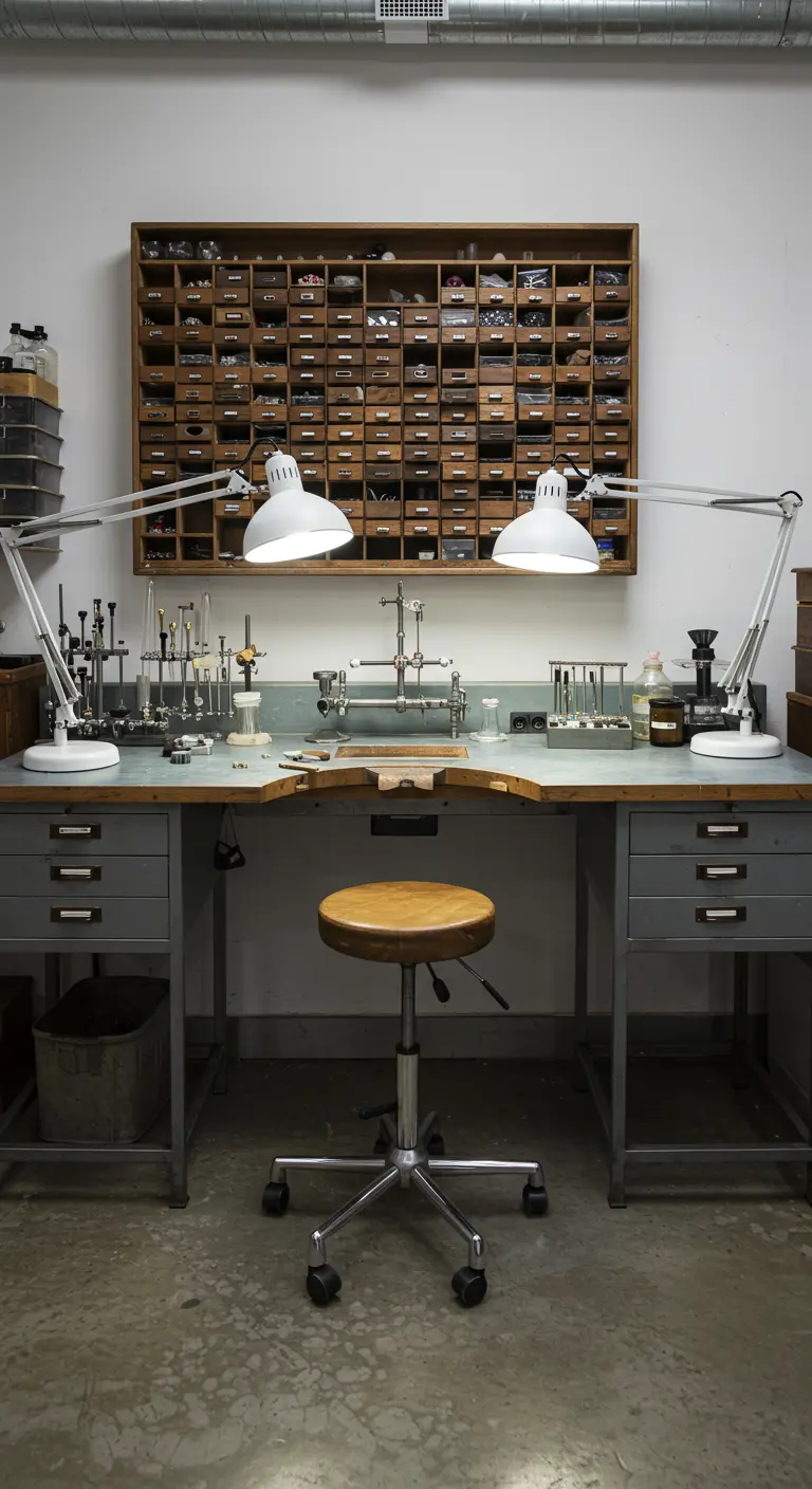 Taller de joyería con un banco de trabajo especializado y un gran mueble de pared con múltiples cajones pequeños.