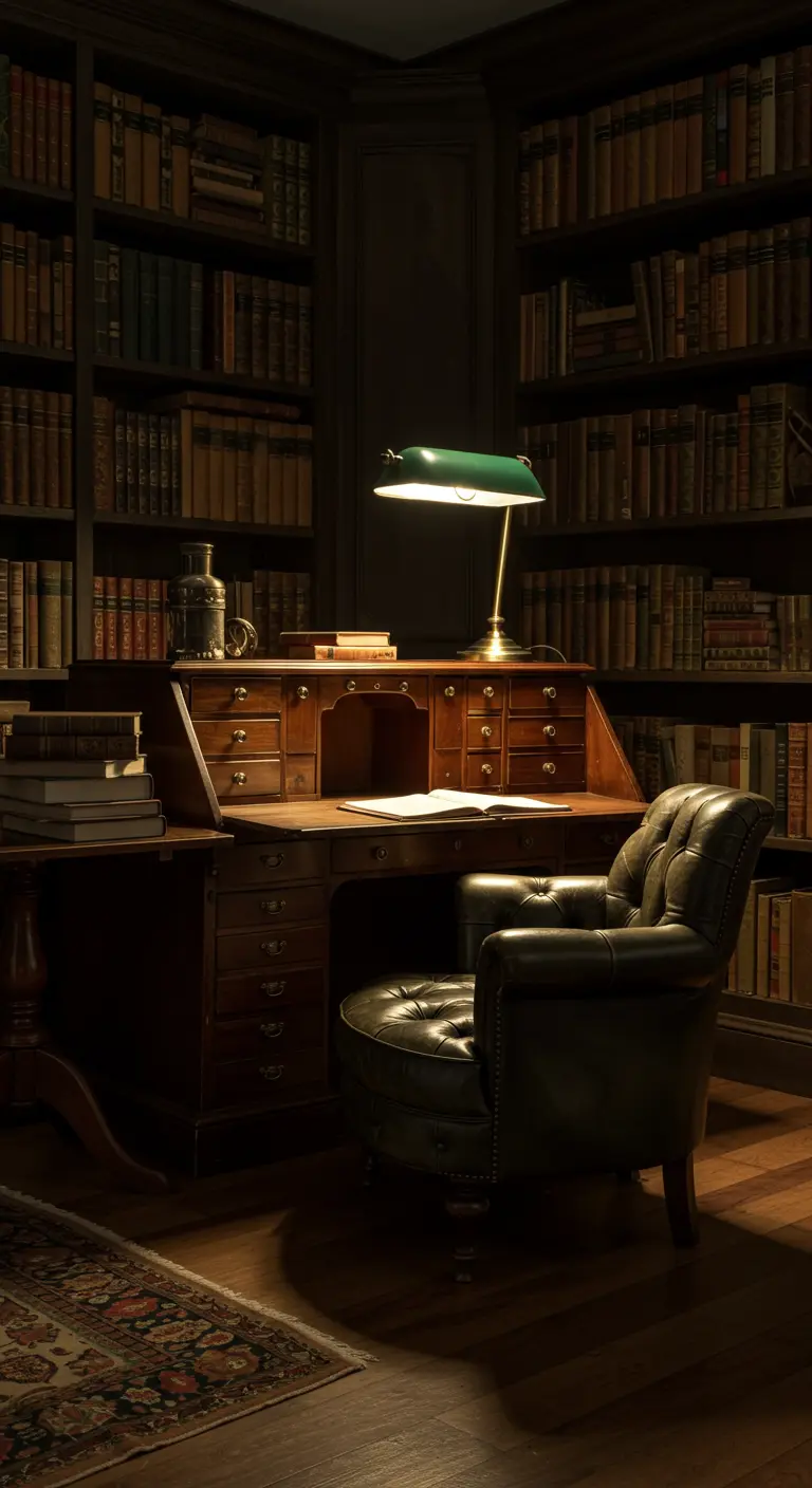 Biblioteca oscura con un escritorio de madera clásico, sillón de cuero y lámpara de banquero.