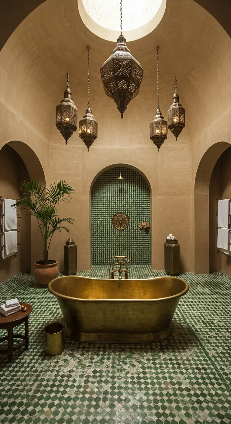 Baño marroquí de lujo con bañera de latón, azulejos verdes y farolillos colgantes