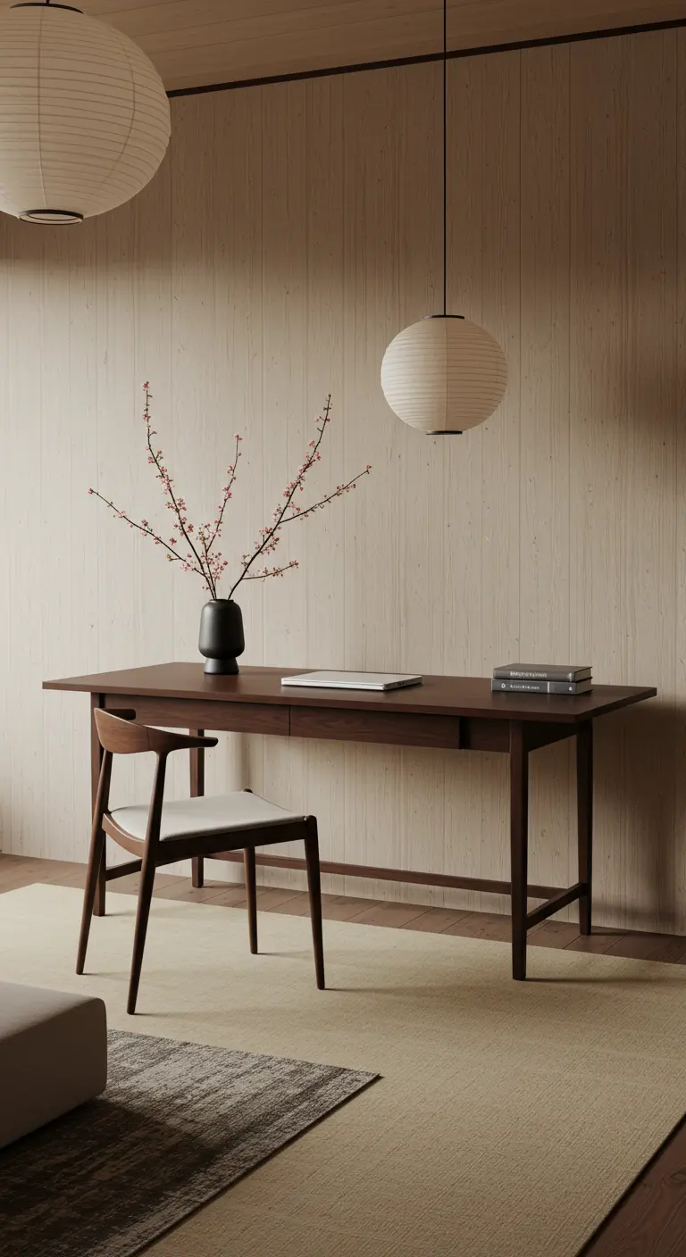Escritorio minimalista de madera oscura en una habitación de estilo Japandi con lámparas de papel.