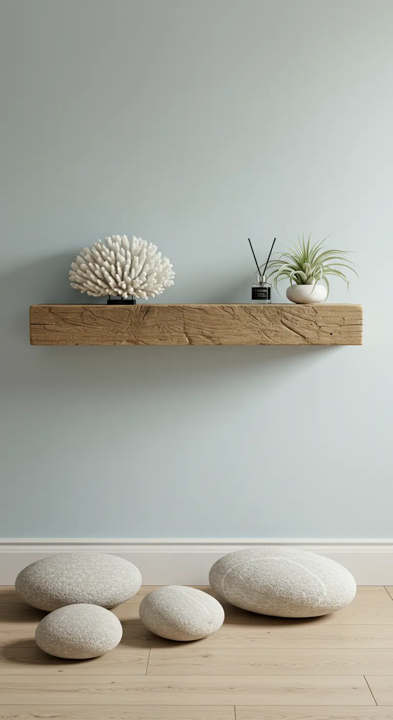 Estante flotante de madera rústica con coral y planta sobre una pared azul pálido.