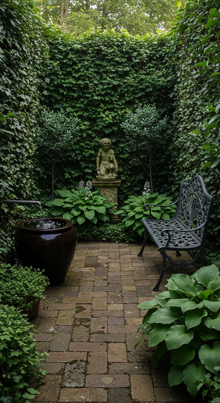 Patio pequeño y frondoso con paredes de hiedra, una estatua y un banco de hierro.