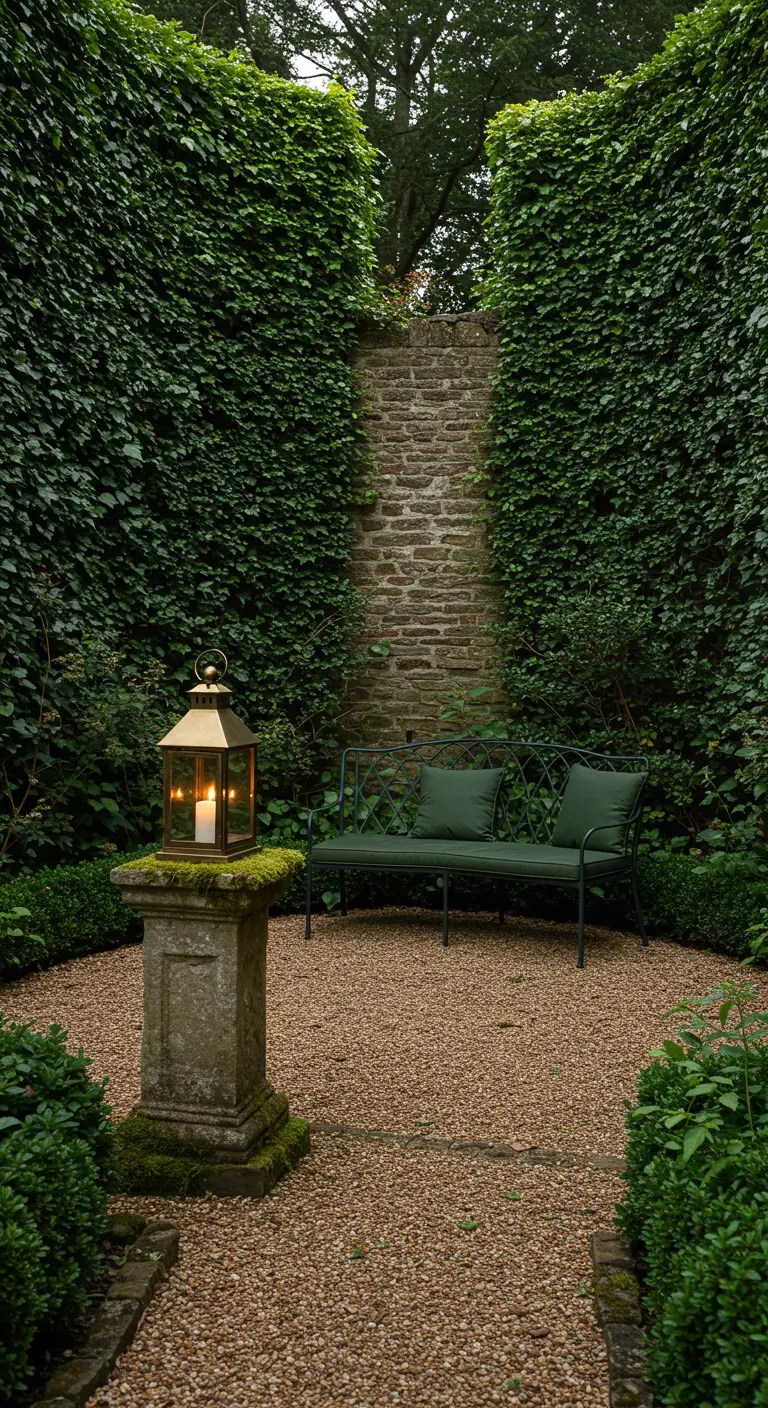 Rincón de jardín con paredes de hiedra, un banco de metal y un gran farol de vela sobre un pedestal.