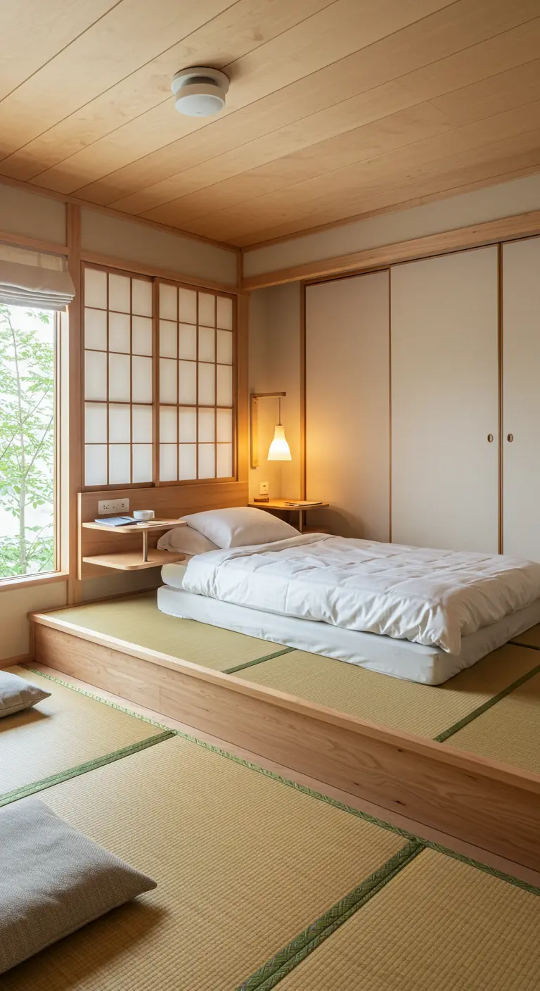 Dormitorio de estilo japonés con cama baja sobre plataforma de madera.
