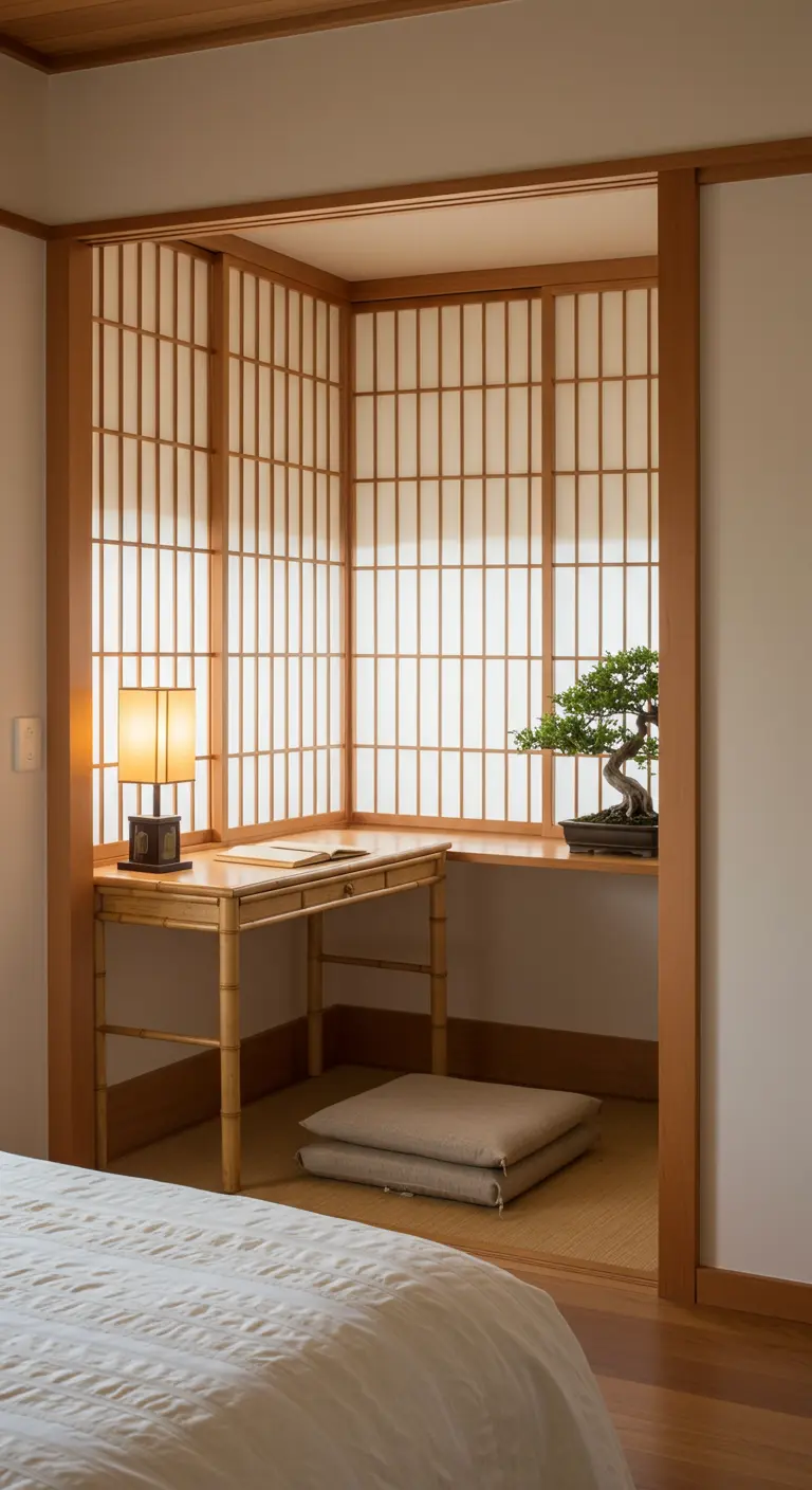 Rincón de estudio minimalista con paneles japoneses shoji y un escritorio bajo de bambú.