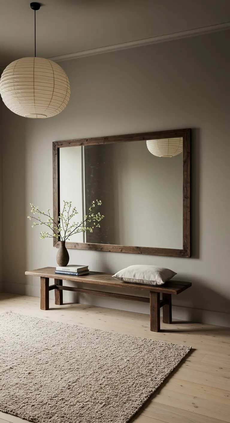Recibidor de estilo Japandi con banco de madera oscura, espejo grande y lámpara de papel.