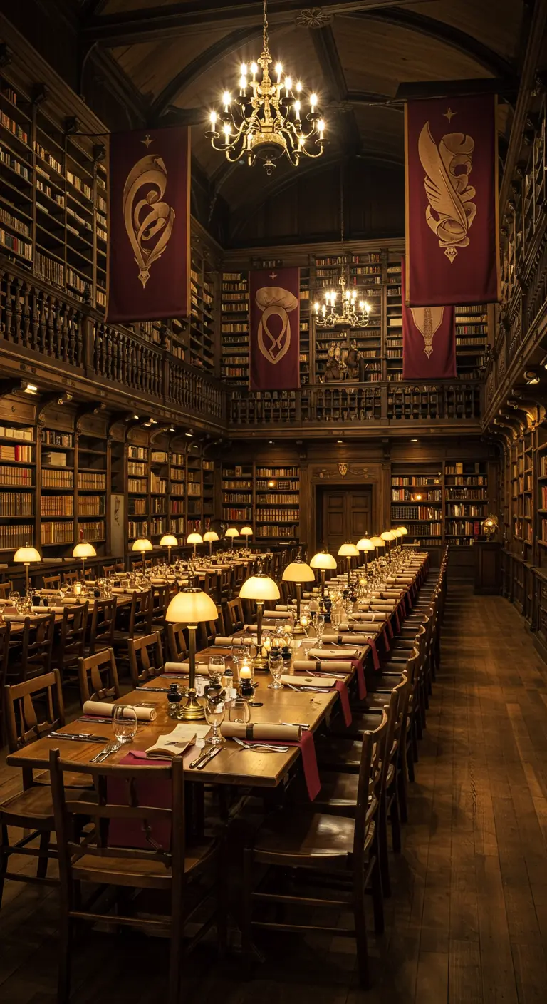 Un salón que parece una biblioteca antigua con mesas largas iluminadas por lámparas y velas.