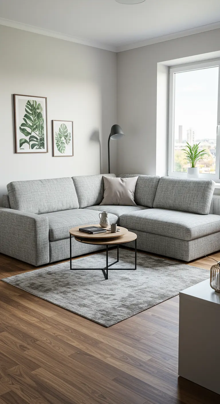Sofá cama esquinero de tela gris en un salón moderno y luminoso con suelo de madera.
