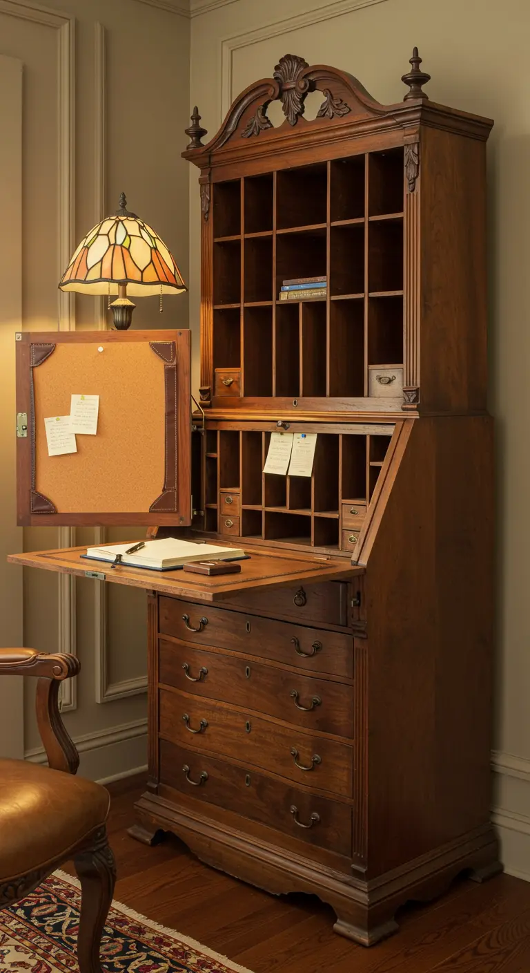 Mueble secreter de madera antiguo abierto, revelando una oficina compacta con un corcho en la puerta.