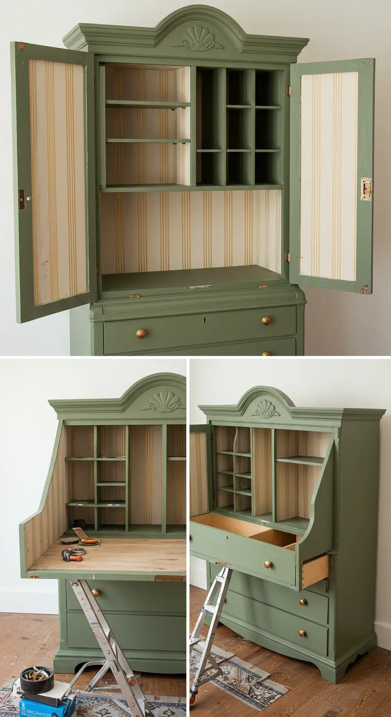 Mueble secreter de madera pintado de verde oliva, con el interior forrado en papel tapiz de rayas verticales finas.