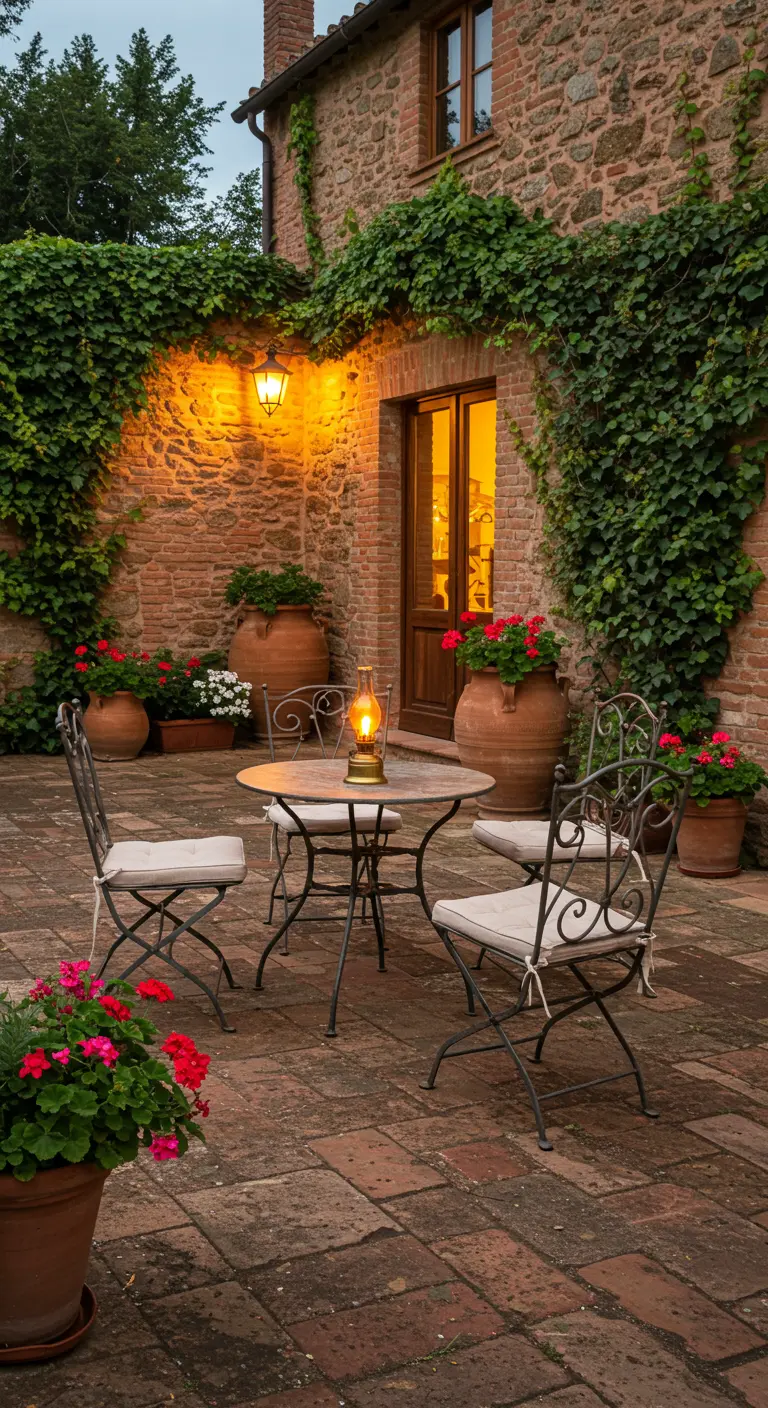Patio rústico de ladrillo con sillas de hierro forjado y una lámpara de aceite sobre la mesa