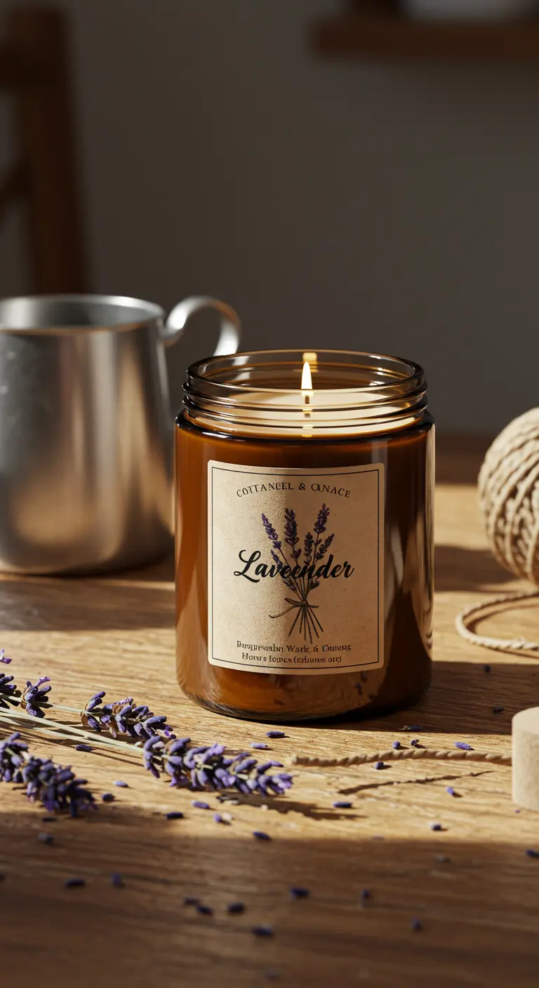 Vela de lavanda en un frasco de vidrio ámbar con etiqueta vintage y ramitas de lavanda seca.