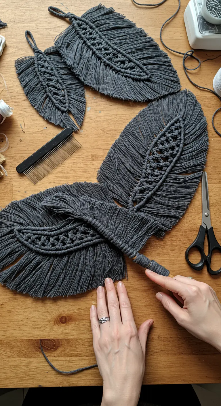 Manos cepillando una pluma de macramé de color gris oscuro sobre una mesa de madera