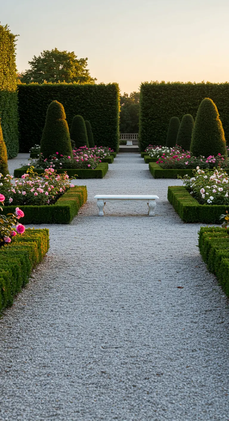 Jardín formal con camino de gravilla blanca y un banco de mármol como punto focal.