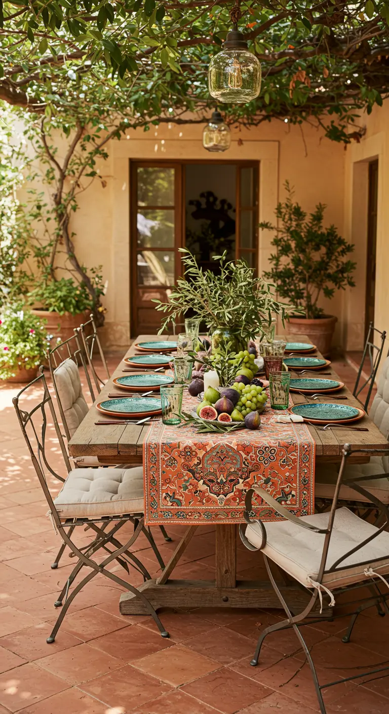 Comedor al aire libre de estilo mediterráneo con mesa de madera y camino de mesa estampado.