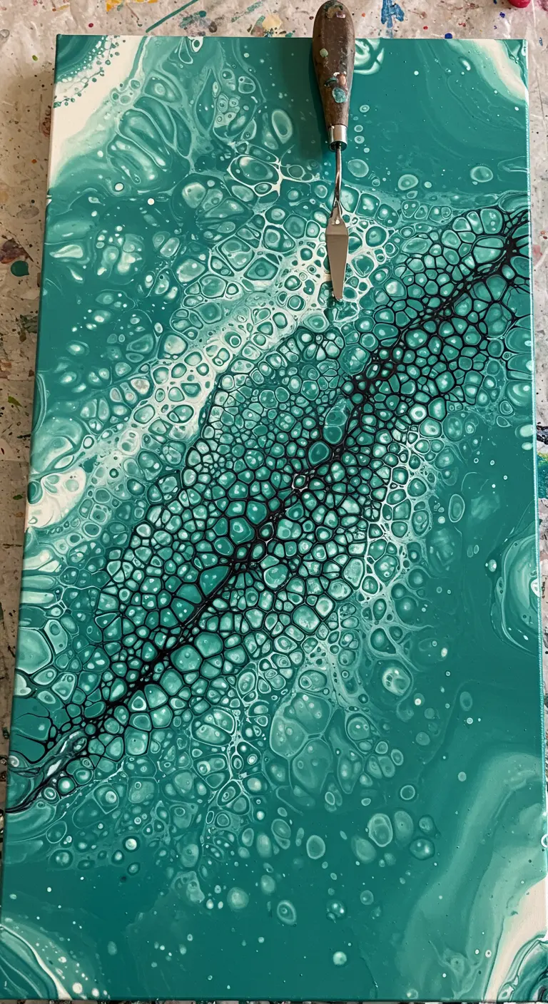 Pintura fluida en tonos turquesa con un efecto celular muy marcado y una espátula encima