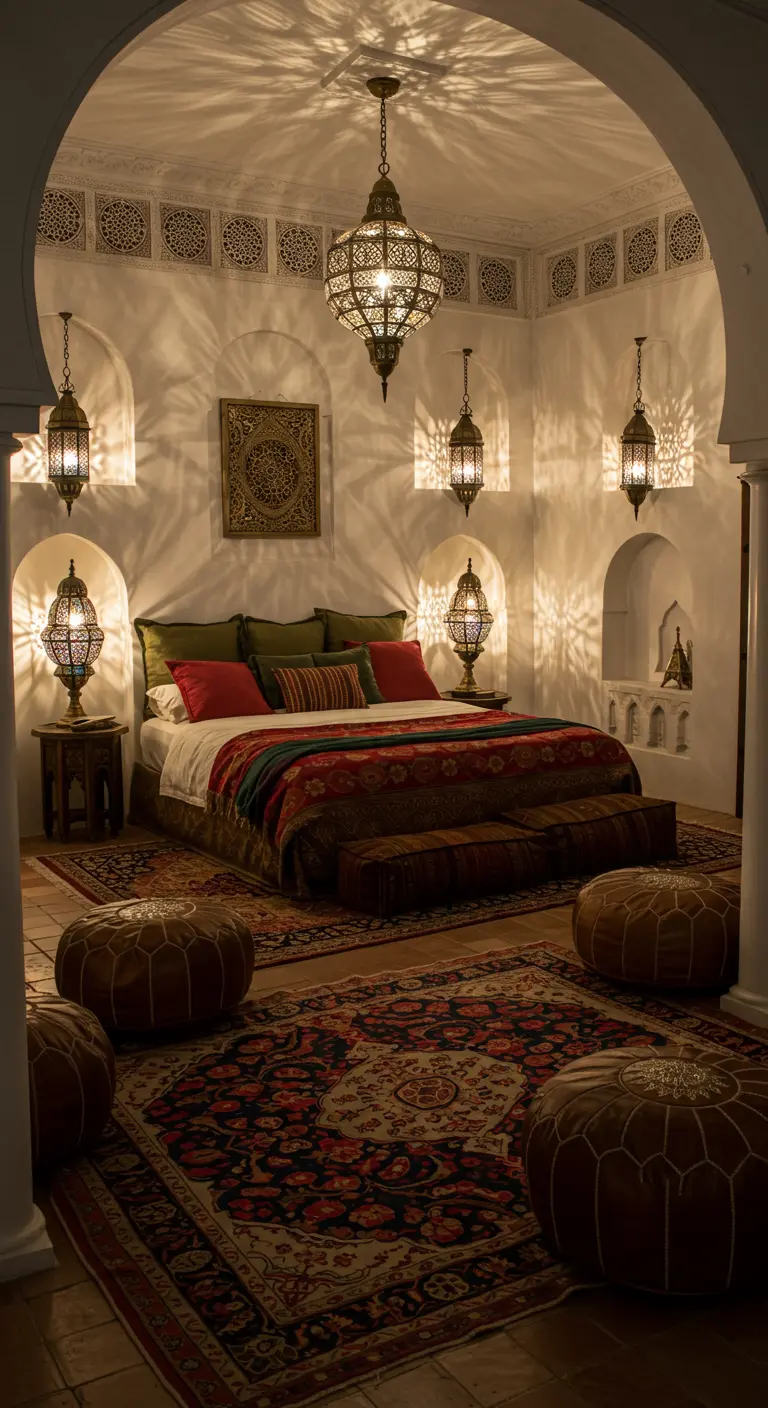 Dormitorio de estilo marroquí con paredes blancas, arcos, lámparas de metal calado y textiles coloridos.