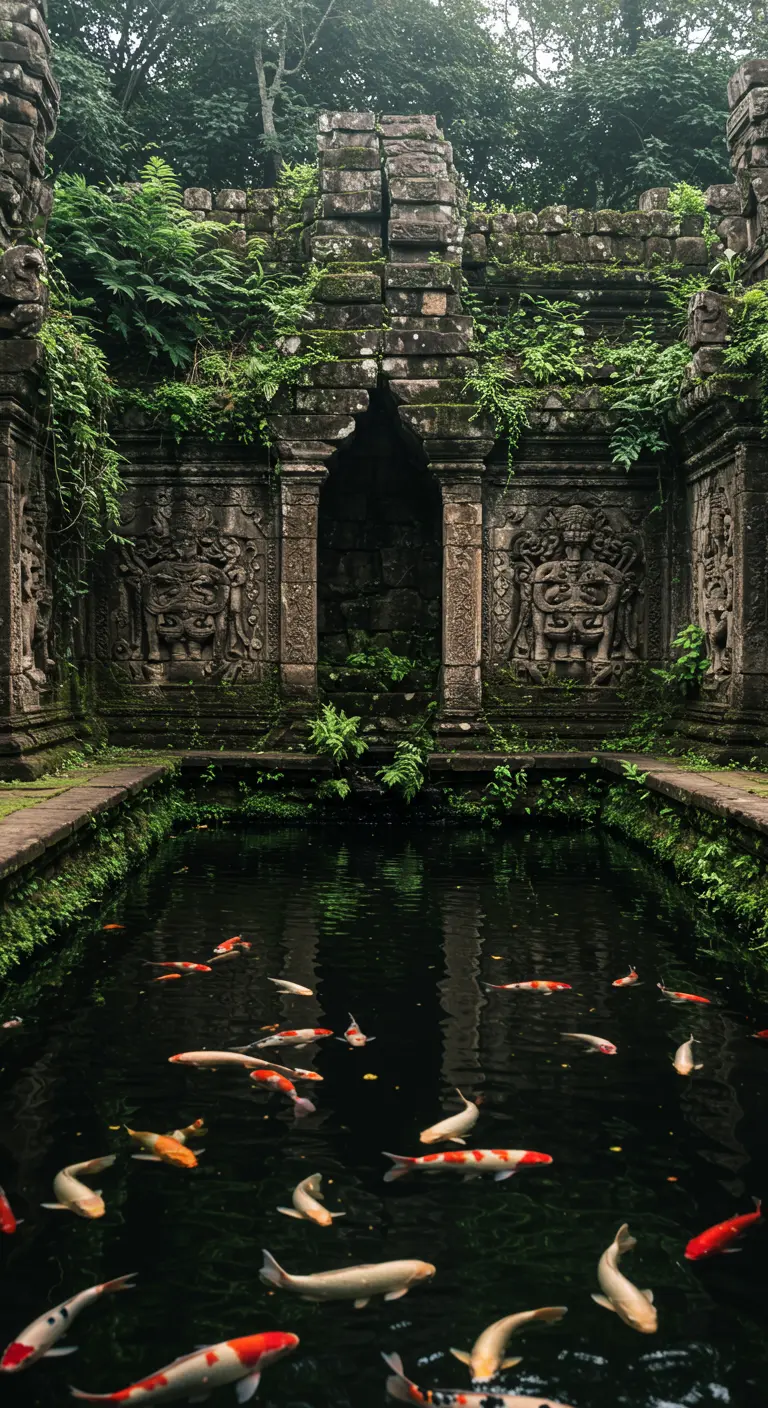 Estanque de peces koi en medio de antiguas ruinas de piedra cubiertas de musgo y vegetación.