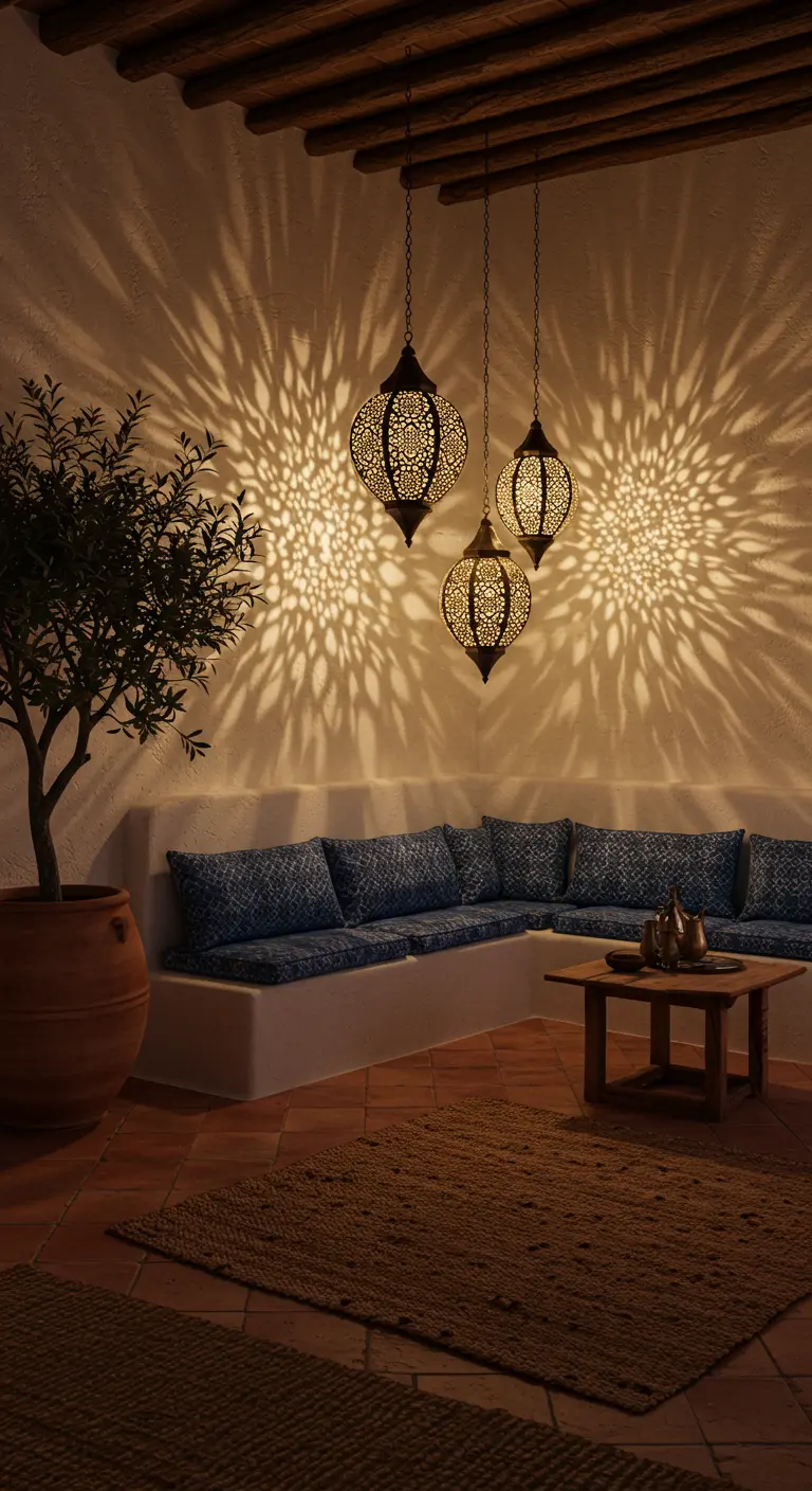 Rincón marroquí con sofá de obra, cojines azules y lámparas colgantes que proyectan sombras en la pared.