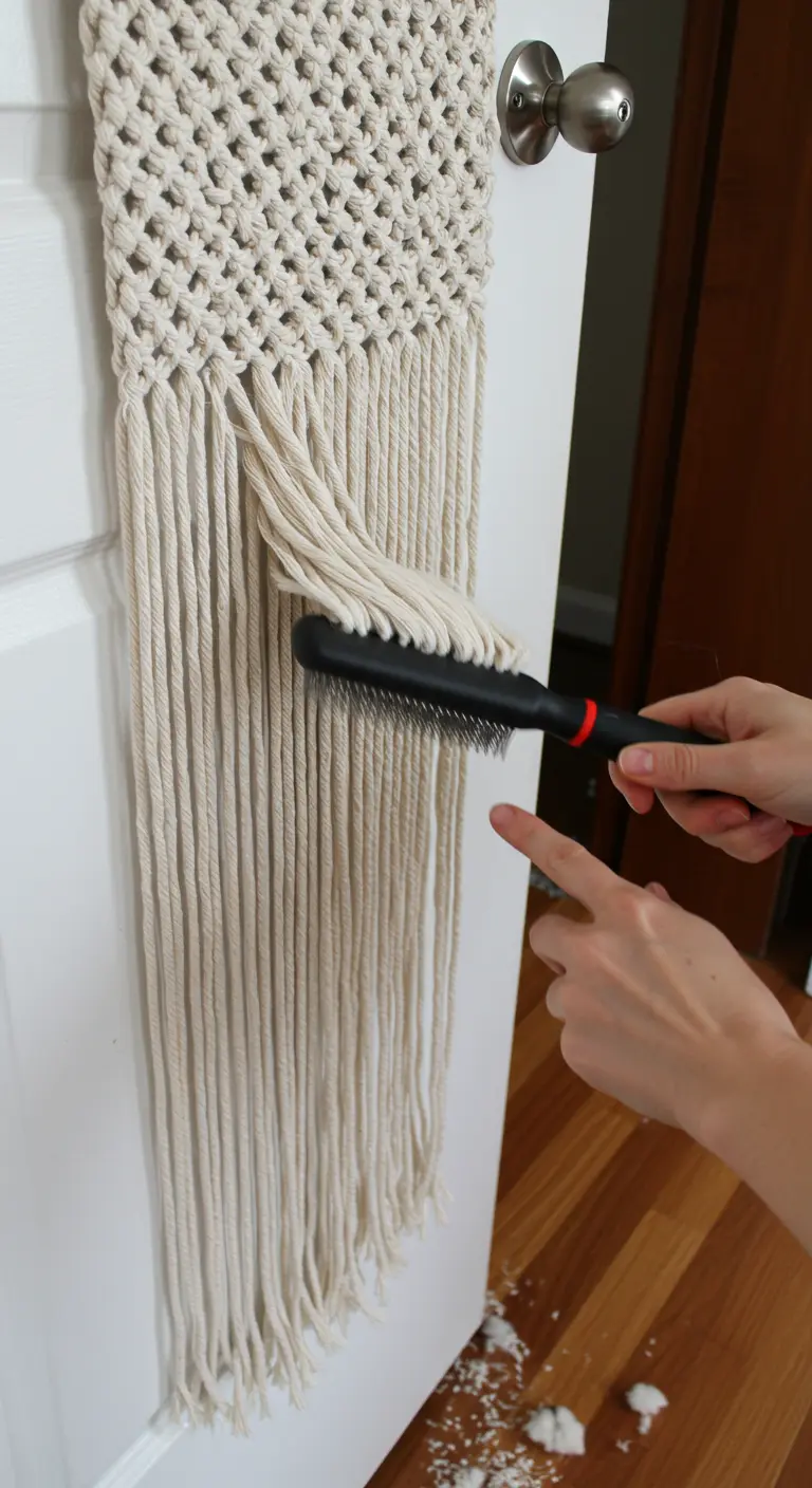 Manos usando un cepillo para desenredar y suavizar los flecos de un tapiz de macramé.