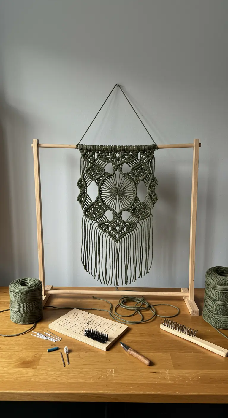 Tapiz de macramé verde olivo en proceso, colgado de un soporte de madera con herramientas de trabajo.