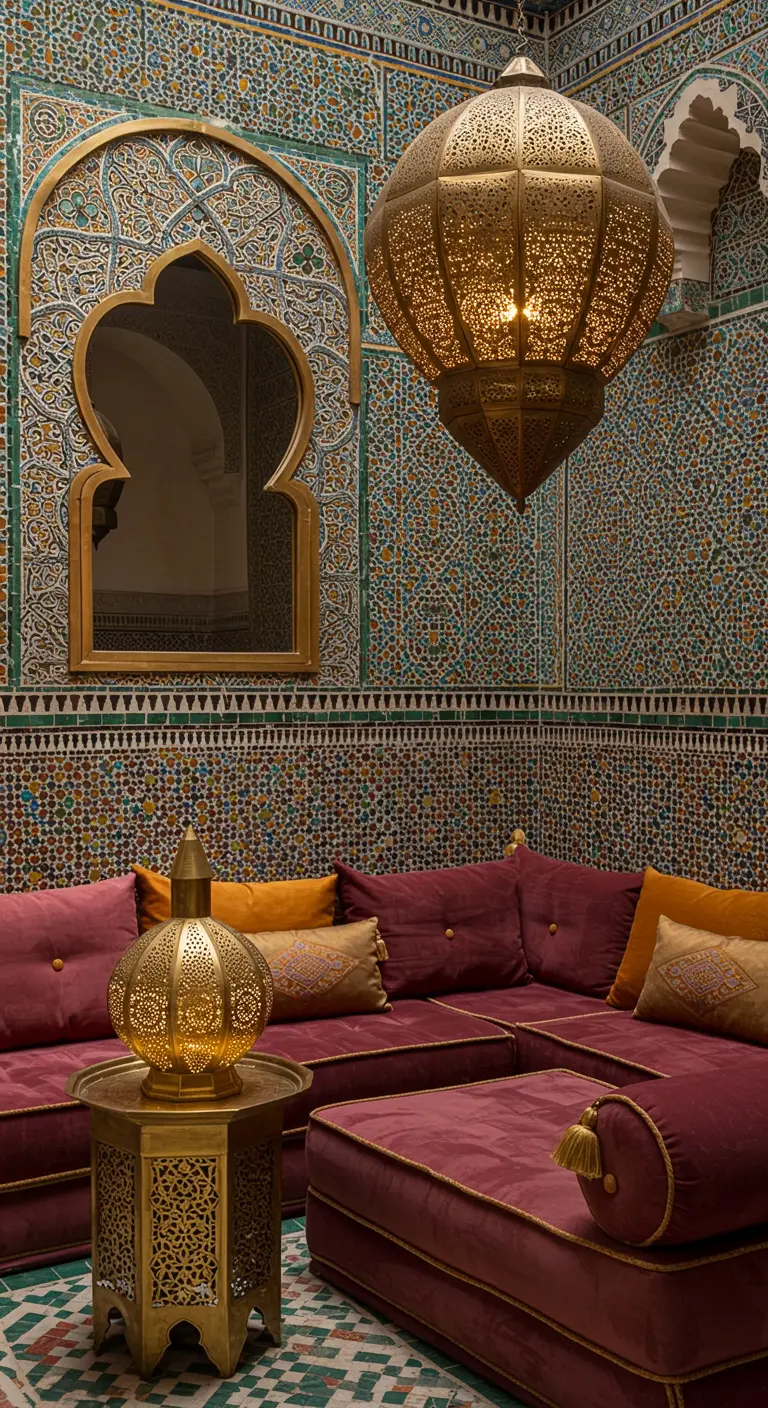 Patio de estilo marroquí con azulejos, un sofá fucsia y un espejo dorado en forma de arco árabe.