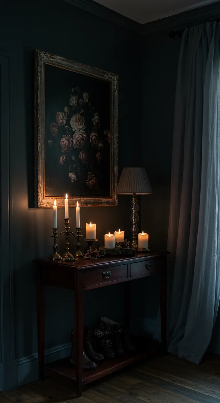 Rincón oscuro con una consola iluminada por velas, junto a un cuadro de flores y una cortina gris.
