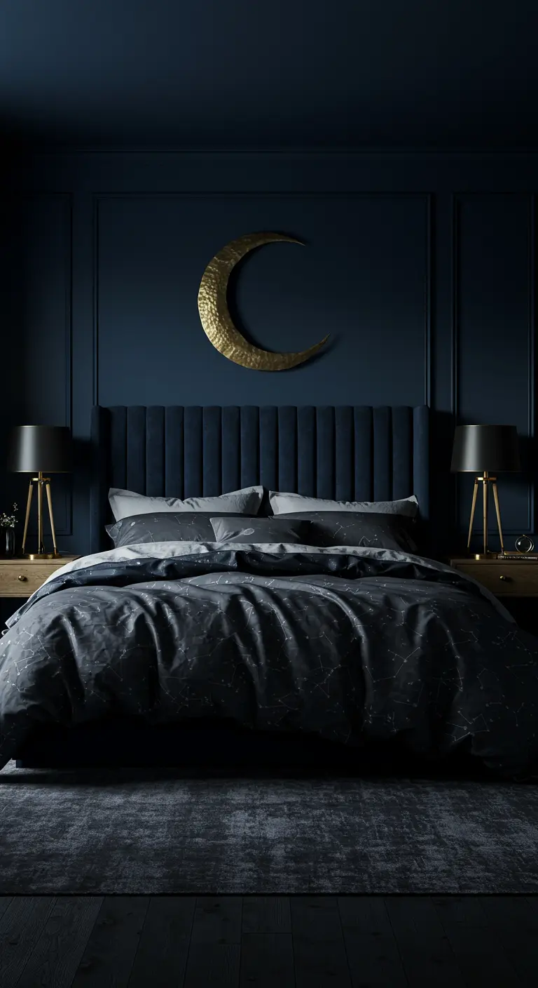 Dormitorio elegante azul oscuro con una luna dorada sobre el cabecero y ropa de cama de constelaciones.