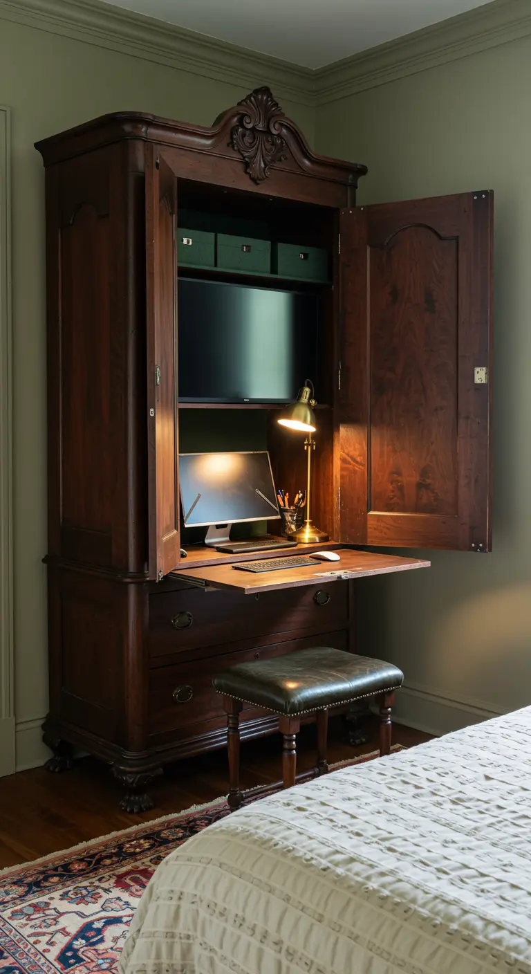 Escritorio oculto en un armario de madera oscura de estilo antiguo con lámpara de latón.