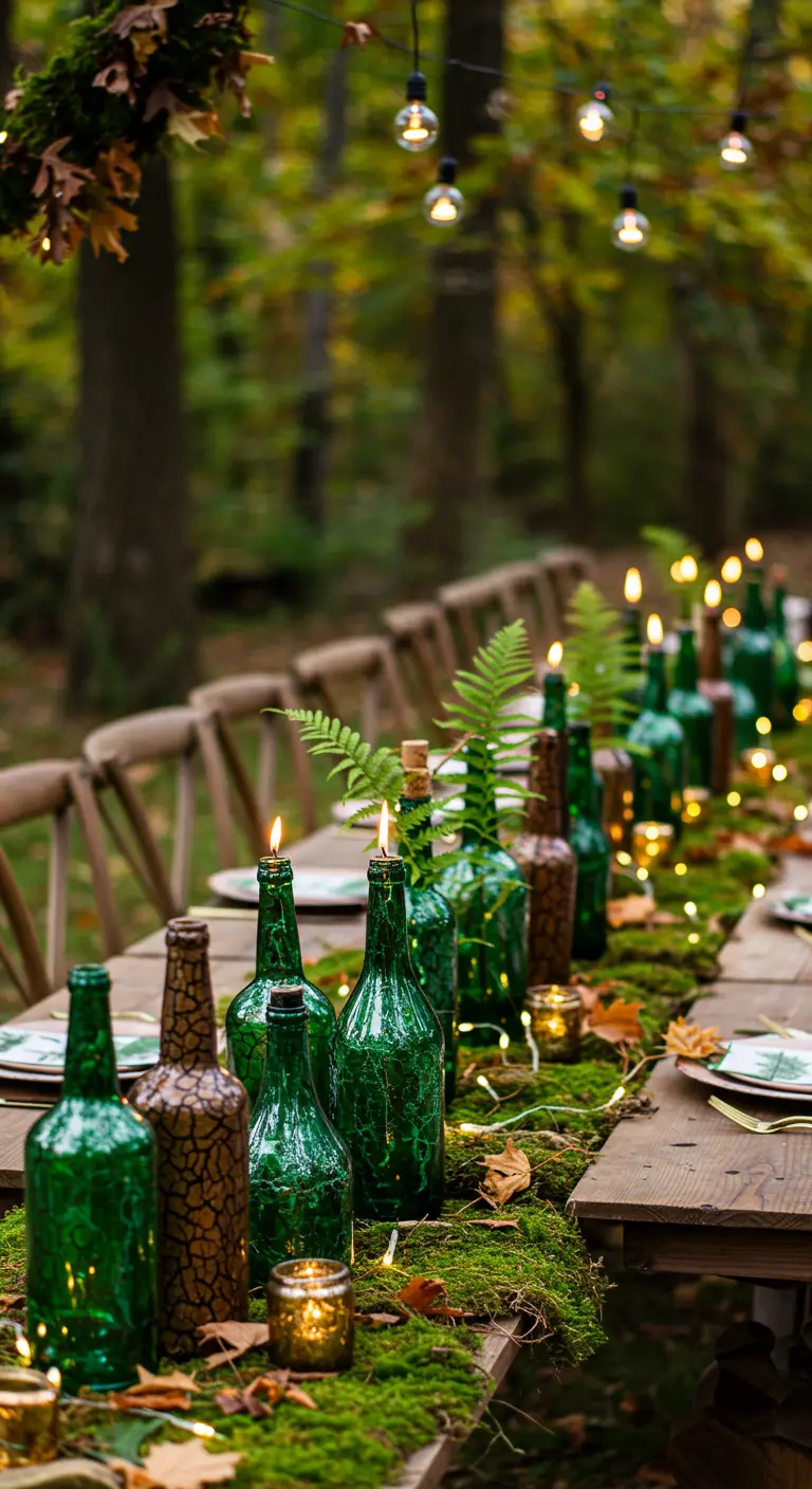 Mesa de fiesta en el bosque con portavelas de botella verde sobre un camino de musgo.