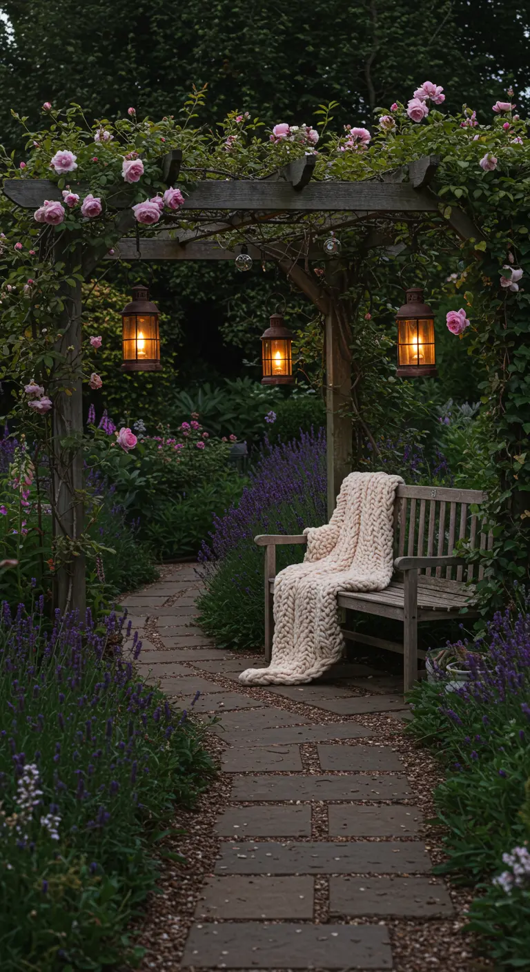 Pérgola de madera con rosales, faroles colgantes y un banco con una manta de punto.