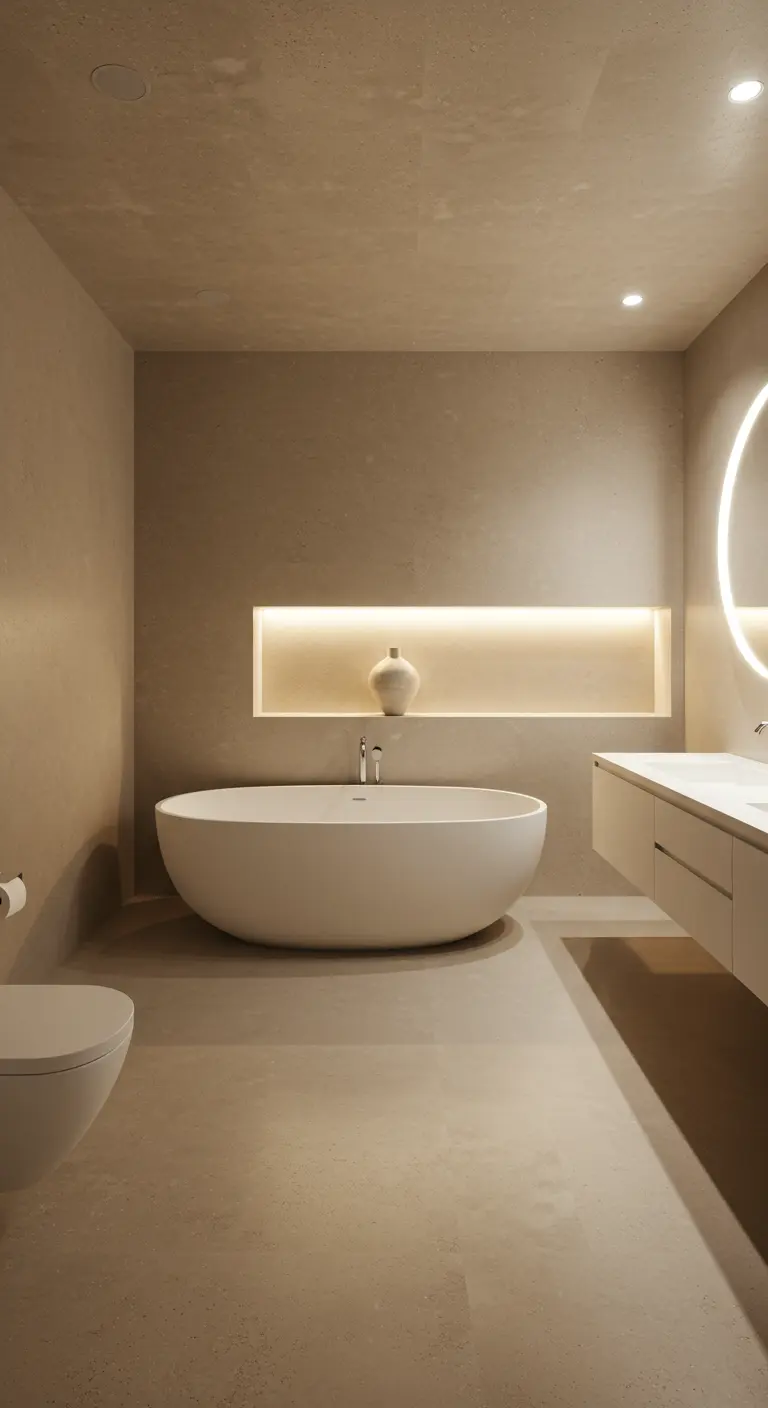 Baño minimalista en tonos beige con una bañera ovalada y un nicho retroiluminado en la pared.