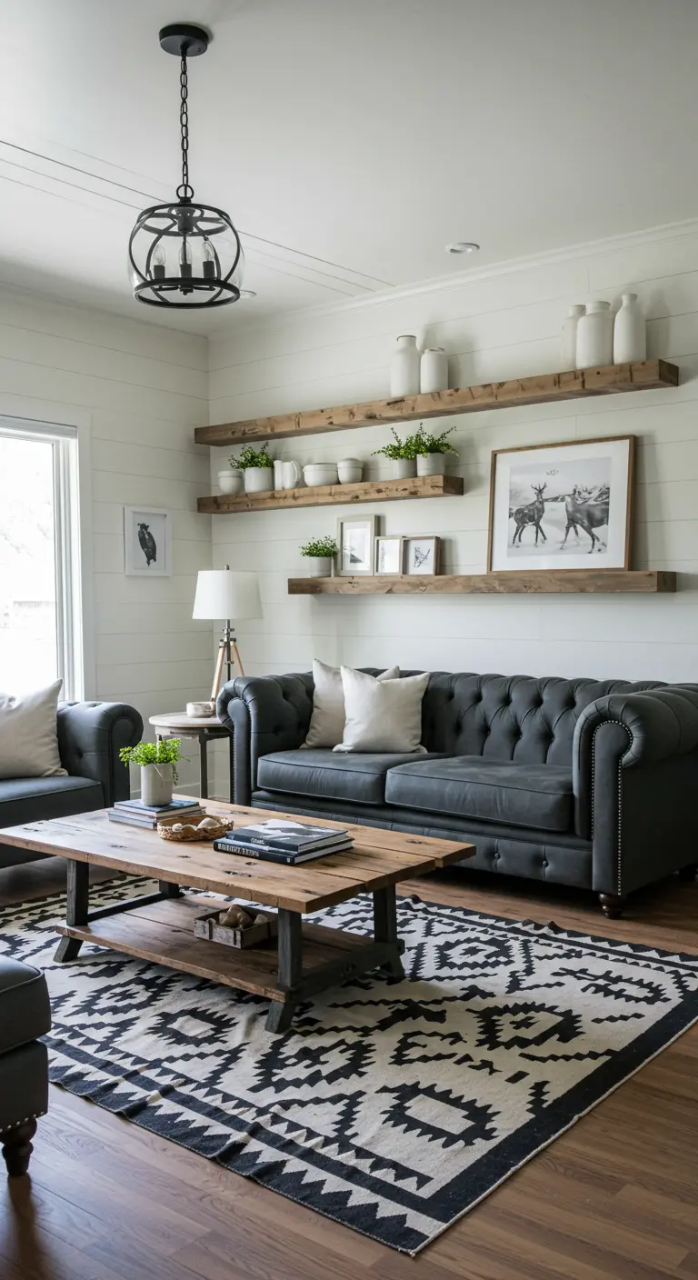 Estanterías flotantes de madera gruesa con decoración de cerámica blanca y plantas