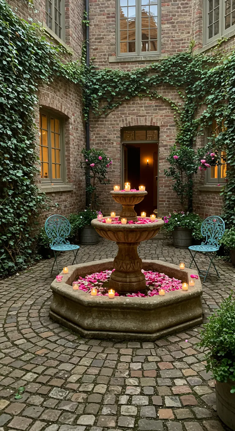 Patio de ladrillo con una fuente de piedra llena de pétalos de rosa y velas flotantes.