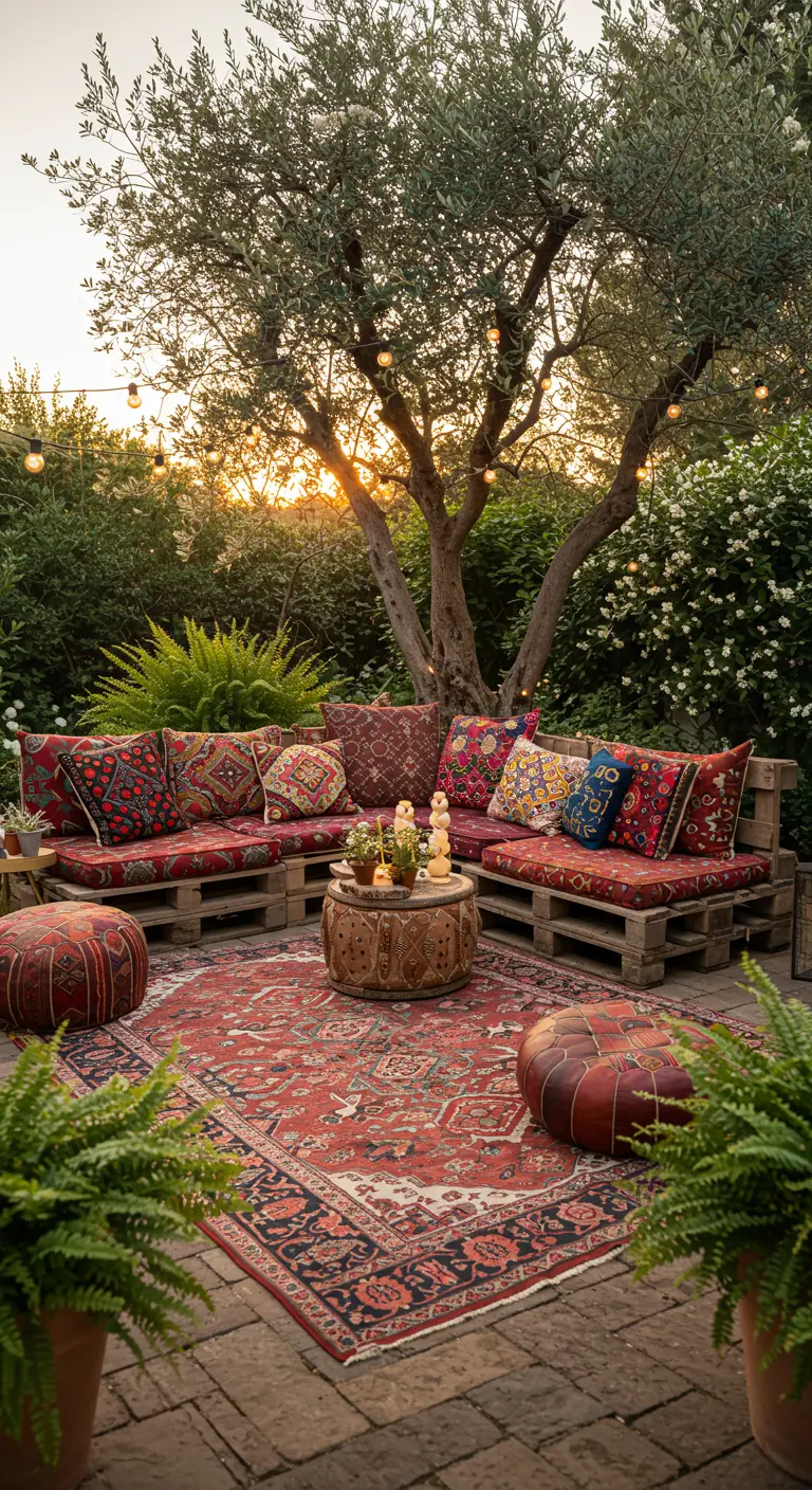 Rincón bohemio con sofá de palets, alfombra persa y cojines étnicos bajo un olivo al atardecer.