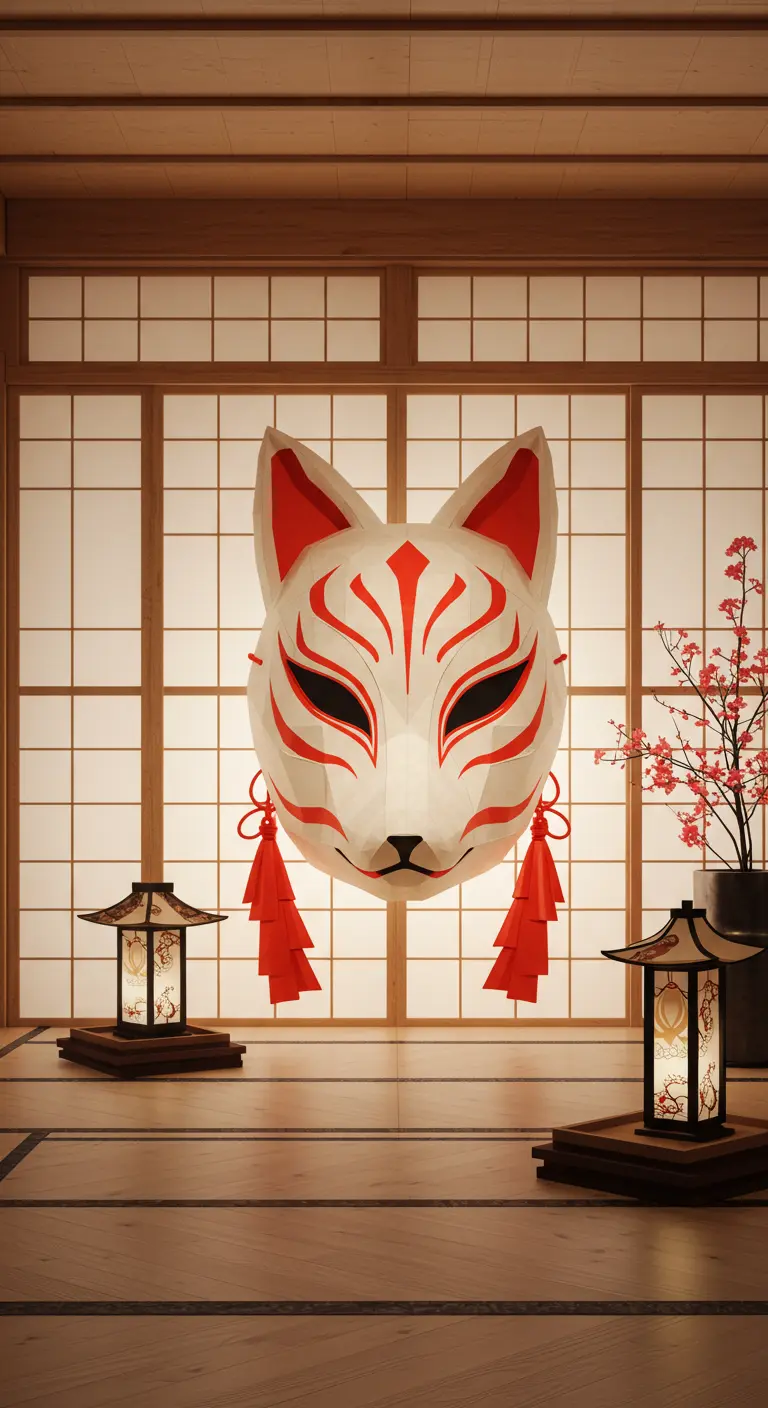 Máscara Kitsune japonesa blanca y roja en una habitación de estilo tradicional con paneles de papel.