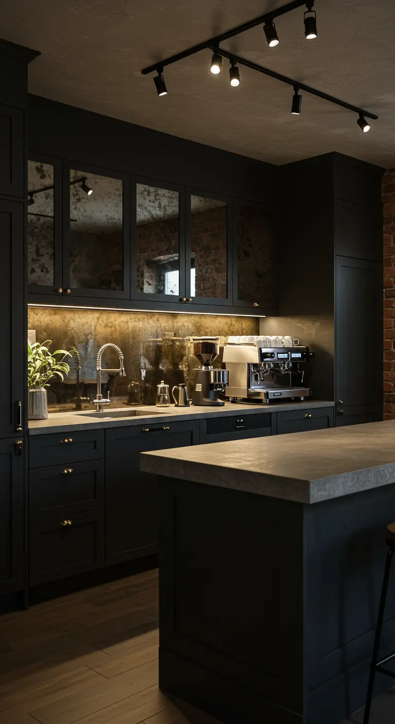 Cocina oscura y elegante con espejos envejecidos en los gabinetes y salpicadero de latón.