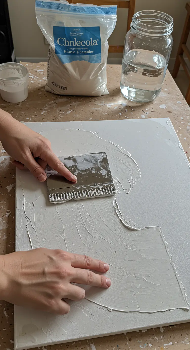 Manos usando una llana dentada para crear una textura de líneas sobre un lienzo con yeso blanco