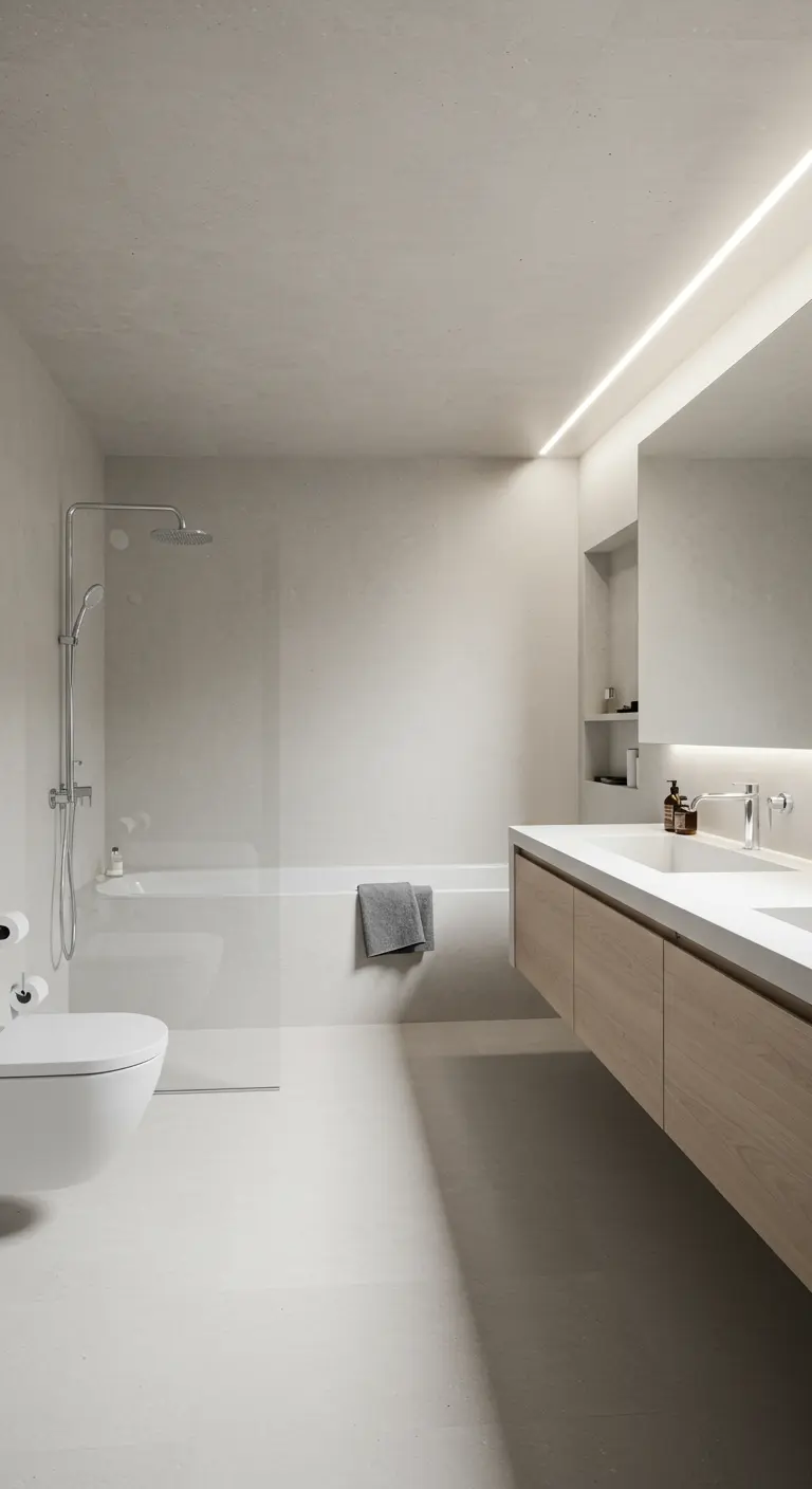 Baño minimalista con iluminación LED indirecta en el techo y tras el espejo.