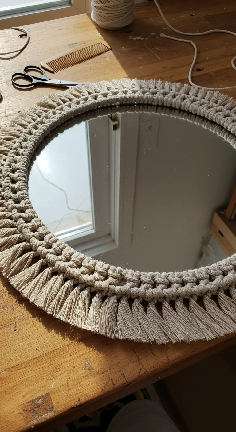 Proceso de creación de un espejo de macramé, mostrando los nudos uniformes.