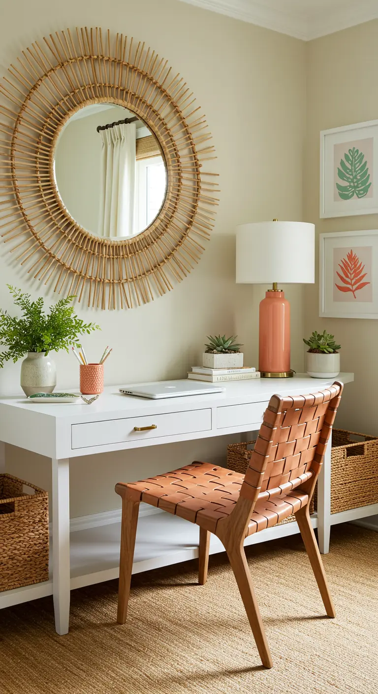 Oficina con escritorio blanco, espejo de sol de ratán y una silla de cuero trenzado.