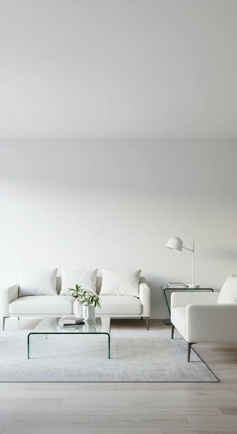 Sala de estar minimalista blanca con sofás y mesas con delgadas patas cromadas.
