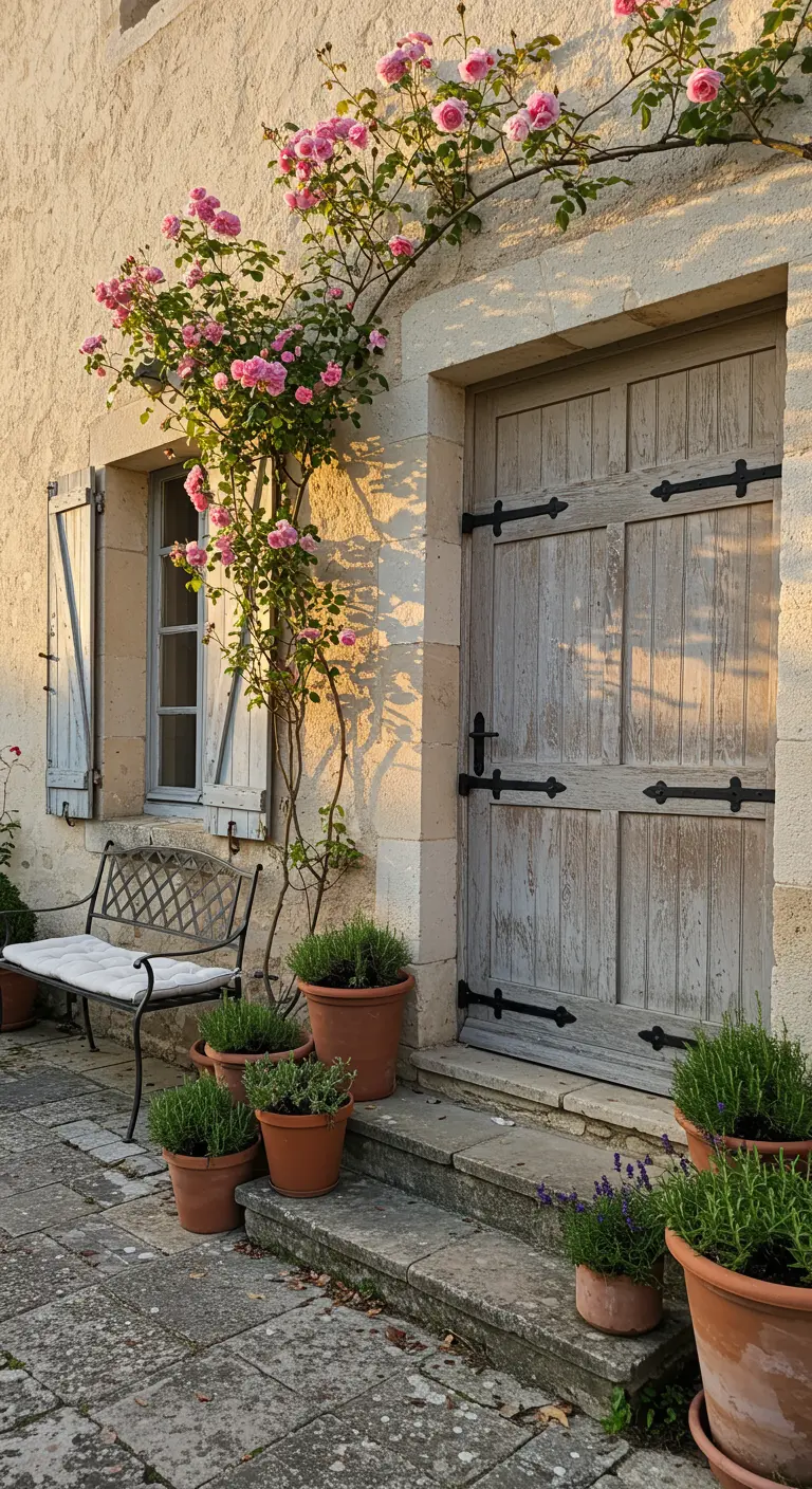 Entrada de casa de campo con rosal trepador rosa, puerta de madera y macetas de terracota