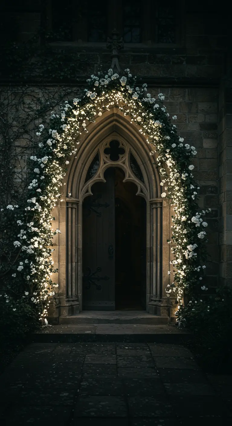 Arco gótico de piedra cubierto de rosas blancas trepadoras y entrelazado con sutiles luces de hadas.