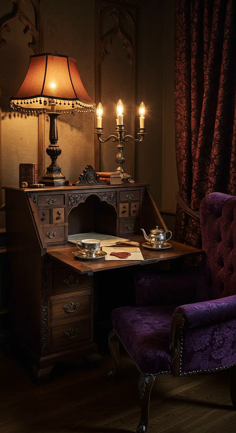 Escritorio antiguo de madera oscura con silla de terciopelo morado y candelabro.