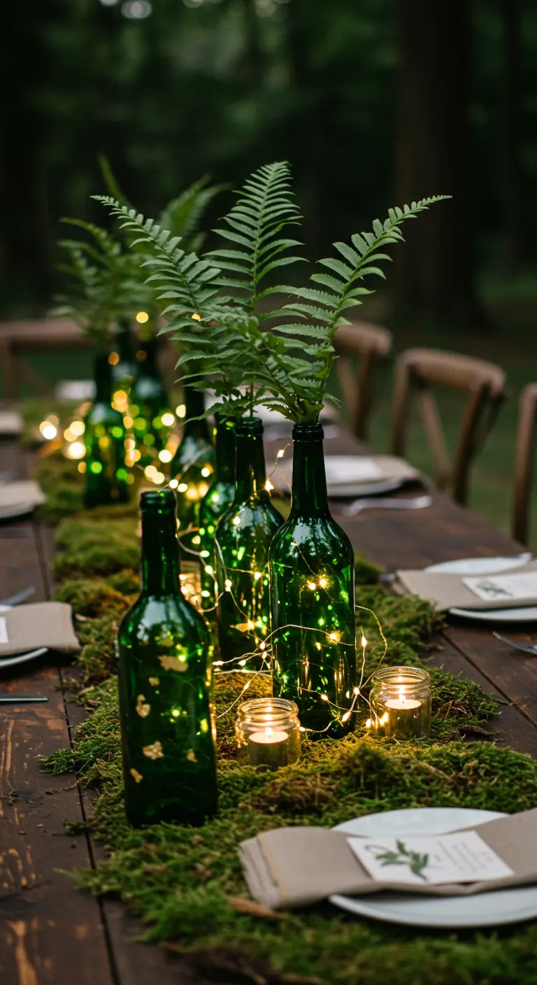 Botellas de vino verdes llenas de luces de hadas sobre una cama de musgo.