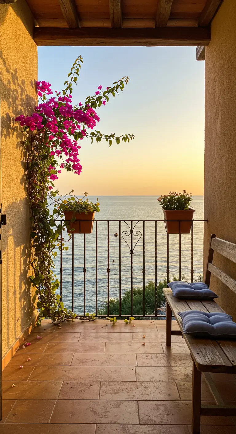 Balcón mediterráneo con buganvilla fucsia, banco de madera y vistas al mar.