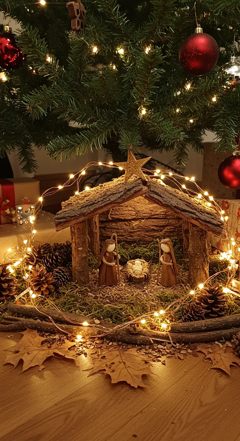 Belen rústico de madera al pie de un árbol de Navidad, rodeado de piñas y luces.