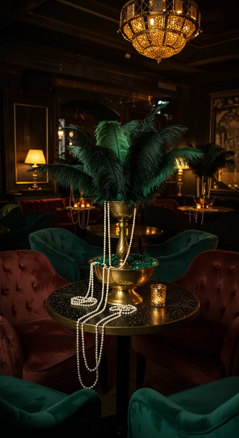 Centro de mesa estilo años 20 con plumas verdes, perlas y un recipiente de latón.