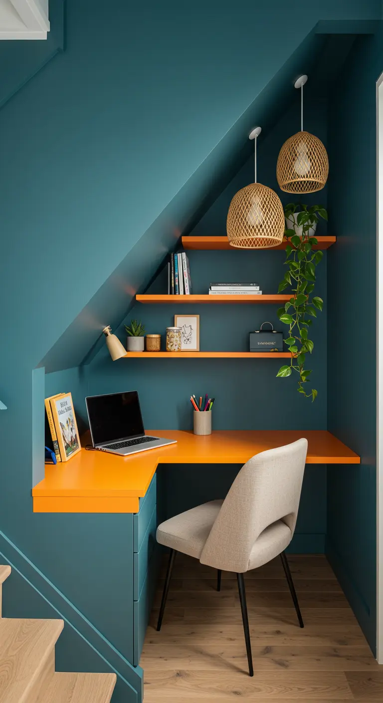 Oficina compacta bajo la escalera con paredes color cerceta y escritorio naranja vibrante.